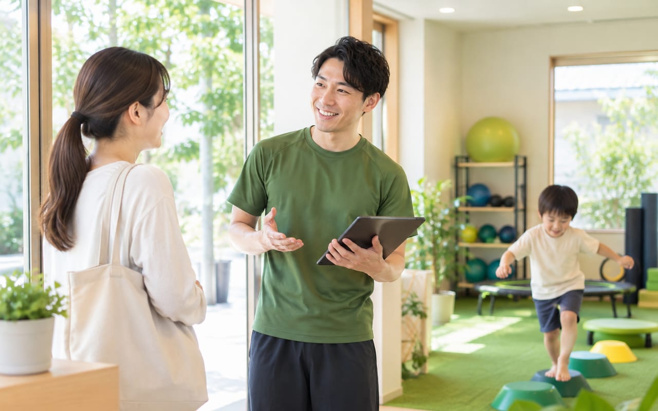 教室で保護者と話すトレーナー