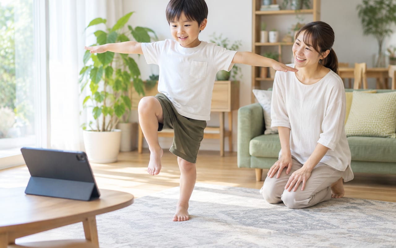 家庭で動画を見ながら身体を動かす親子